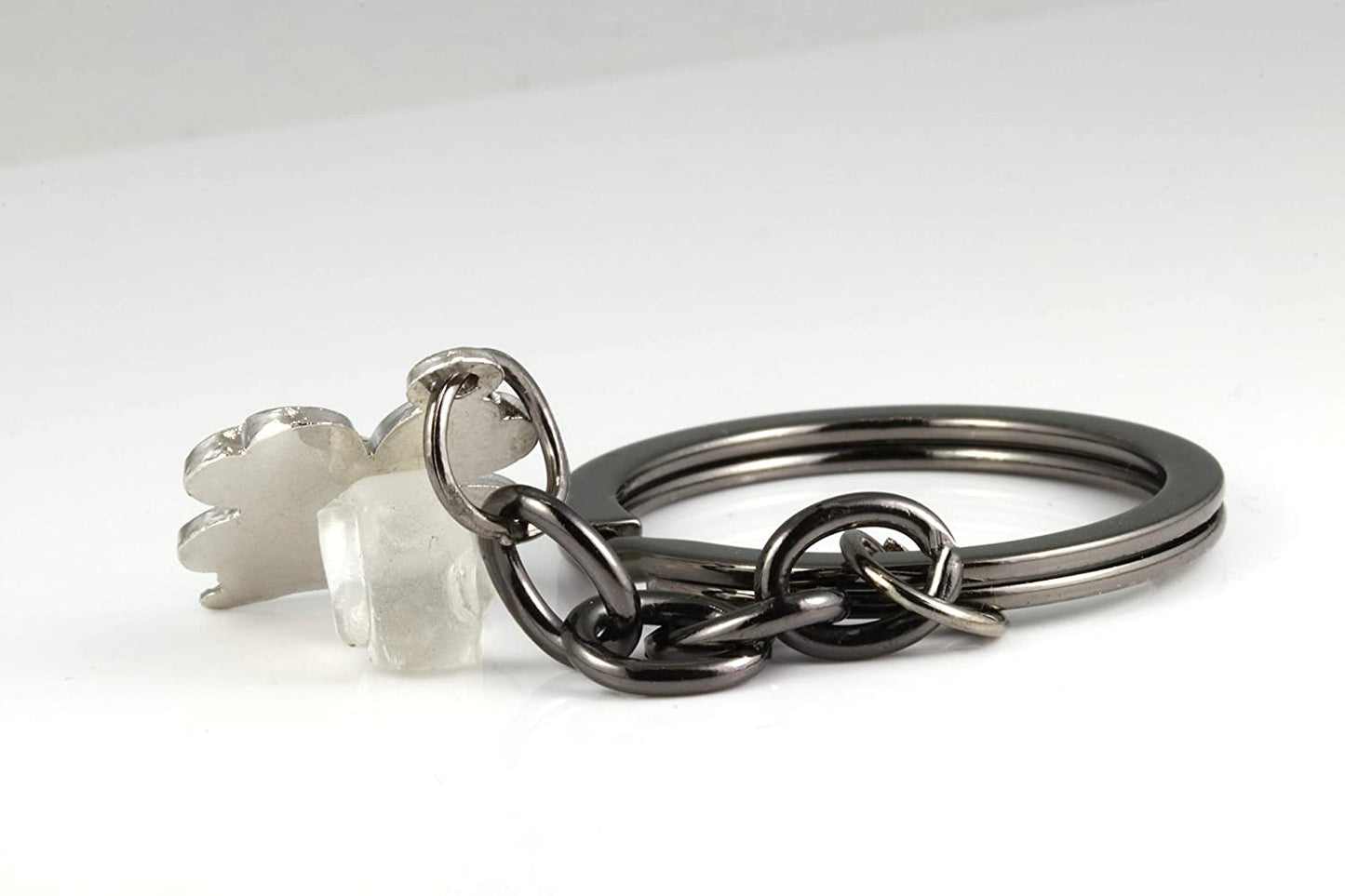 Ladybug Gifts | Ladybug Key Chain of a Lady Bug on a Four Leaf Clover Lucky Keychain 1 inch diameter Black Key Chain with Black Chain to the Ladybug Charm on a Four Leaf Clover with Rhinestone Center