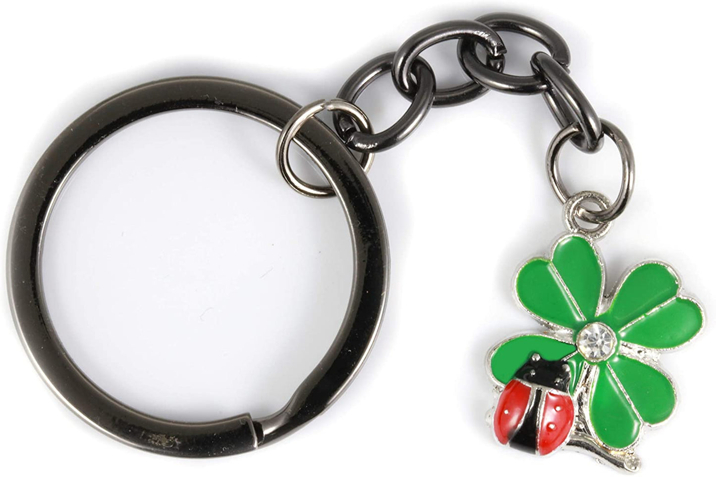 Ladybug Gifts | Ladybug Key Chain of a Lady Bug on a Four Leaf Clover Lucky Keychain 1 inch diameter Black Key Chain with Black Chain to the Ladybug Charm on a Four Leaf Clover with Rhinestone Center