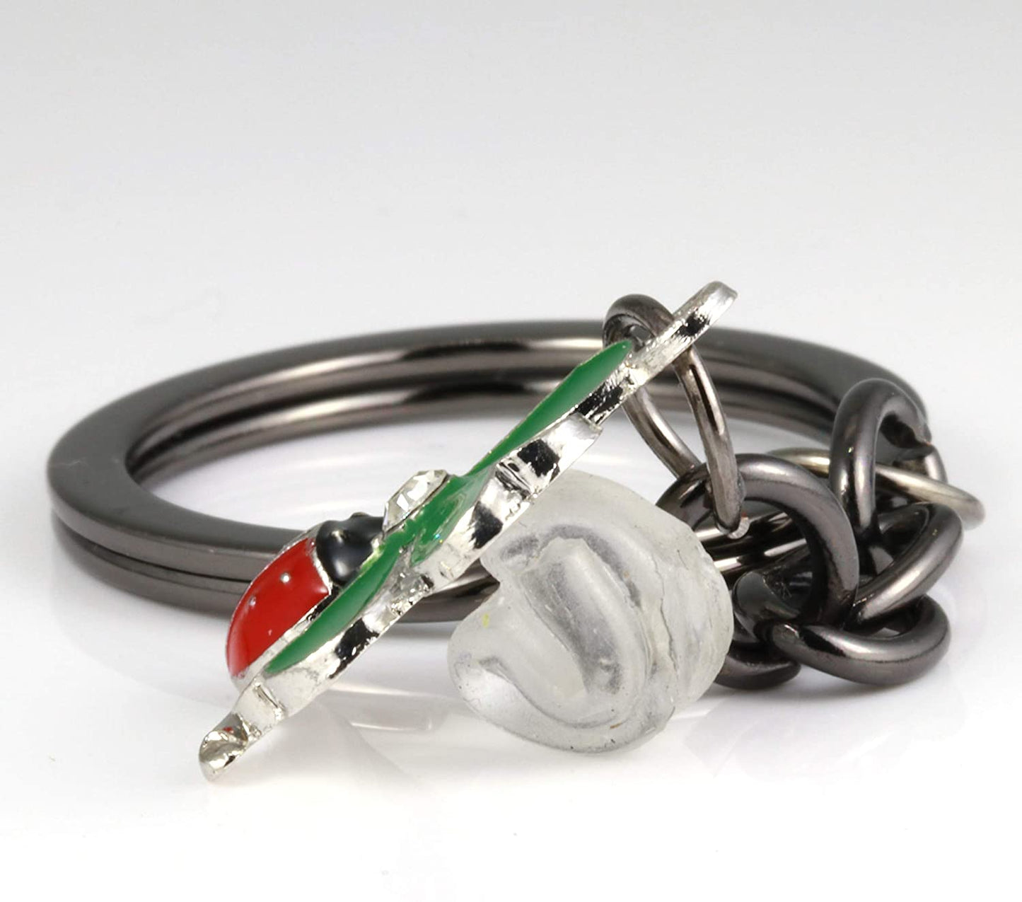 Ladybug Gifts | Ladybug Key Chain of a Lady Bug on a Four Leaf Clover Lucky Keychain 1 inch diameter Black Key Chain with Black Chain to the Ladybug Charm on a Four Leaf Clover with Rhinestone Center