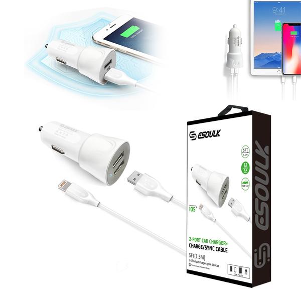 12W 2.4A Dual USB Travel Car Charger With 5FT Charging Cable
