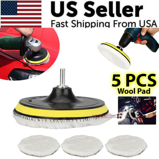 5PCS 6" Buffing Polishing Pad Wool Wheel Mop Kit For Car Polisher Drill Adapter