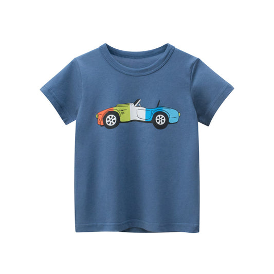 Boy Cartoon Car Print Round Collar Short-Sleeved T-Shirt