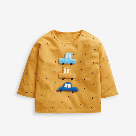 Baby Boy Car Patched Pattern Pullover Crewneck Long Sleeve Shirt